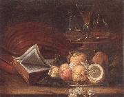 Still life of a lute,books,apples and lemons,together with a gilt tazza with a wine glass and decanters,all upon a stone ledge unknow artist